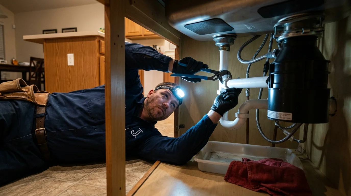 P-trap and supply line connections under a kitchen sink showing a common leak point in Clearwater, MN